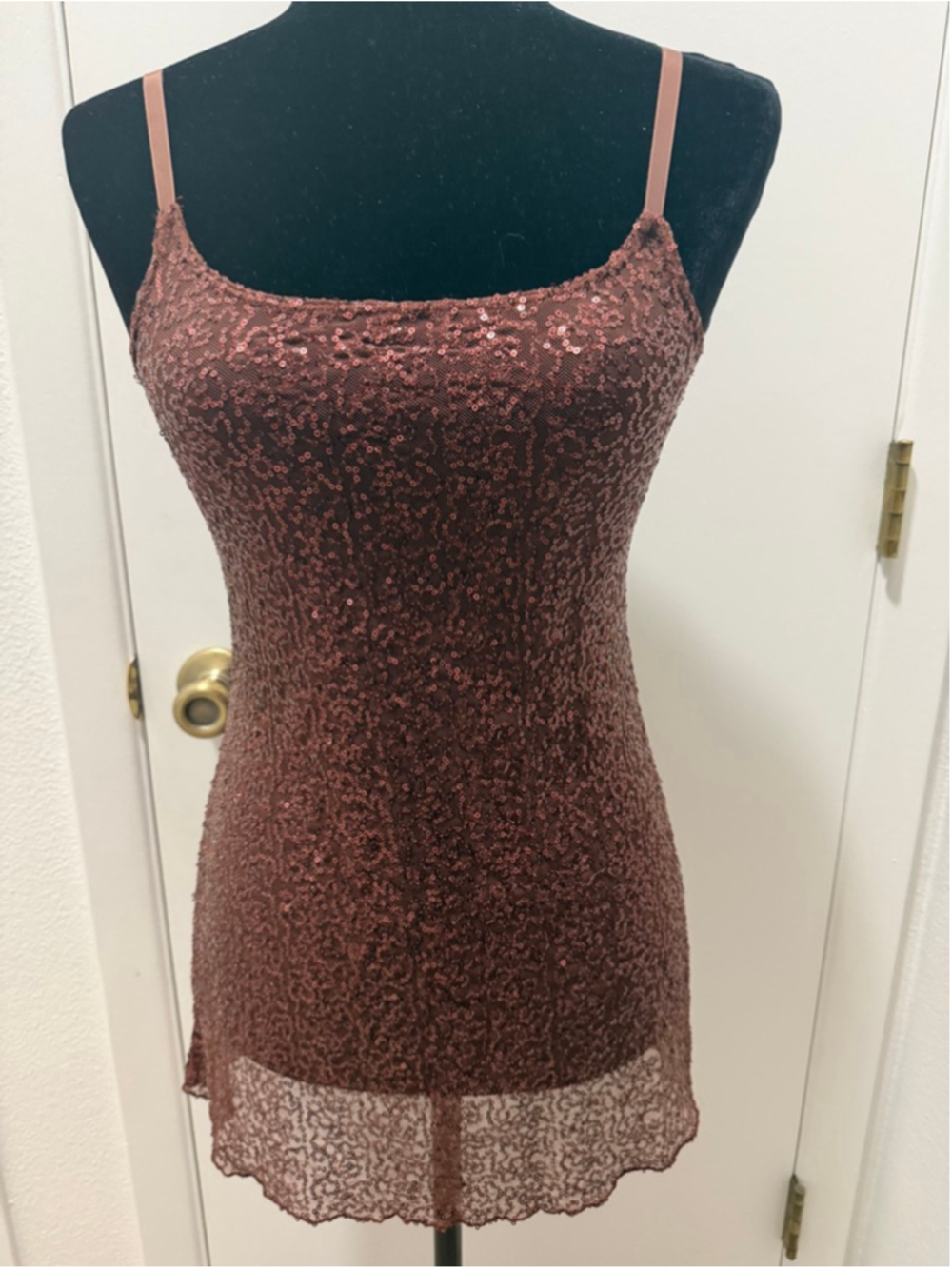 H.I.P Sequin Mini Dress XS Brown Copper Slip Bodycon Spaghetti Strap Y2K Party